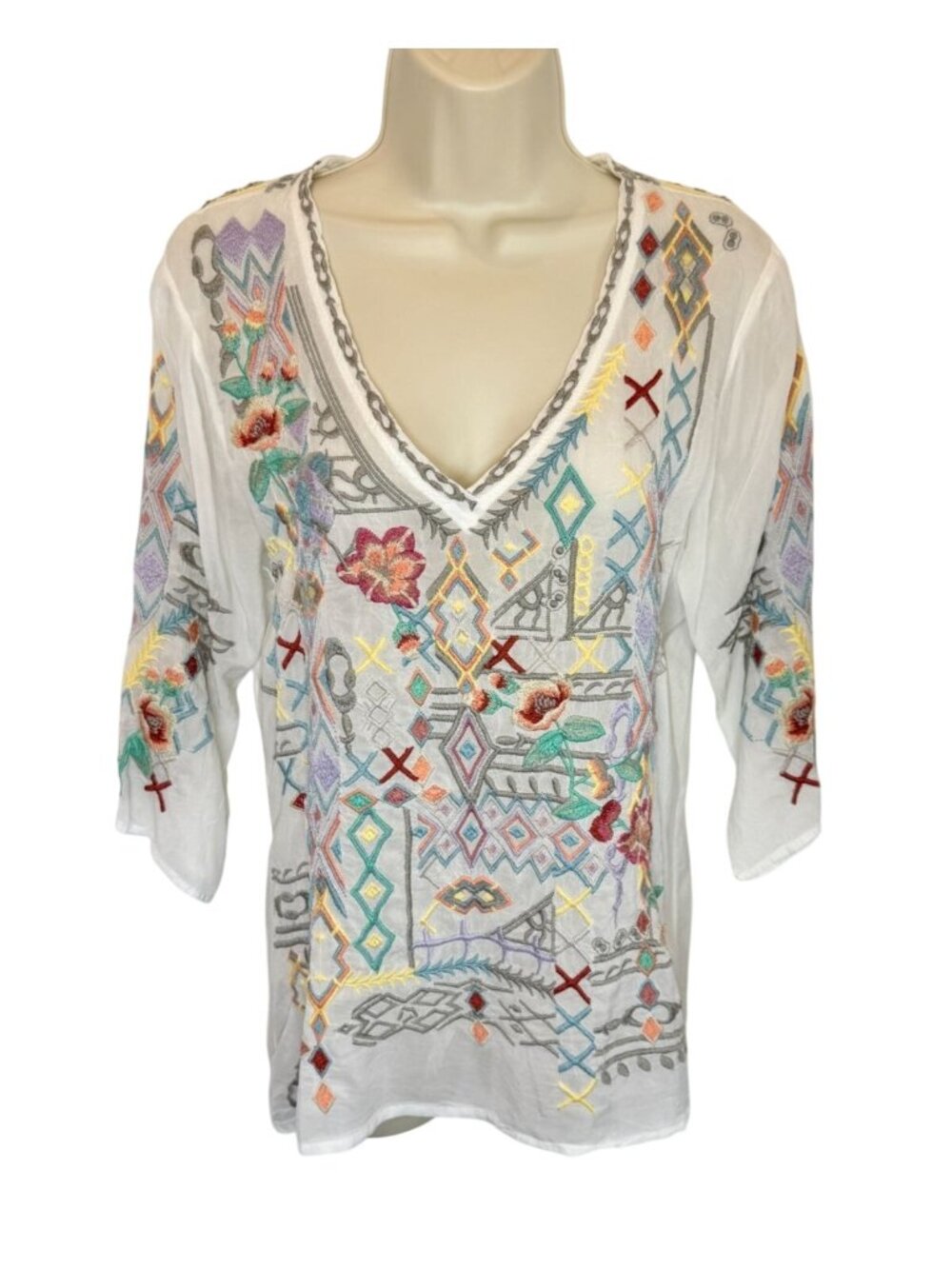 Johnny Was Embroidered White Tunic Blouse - Size M